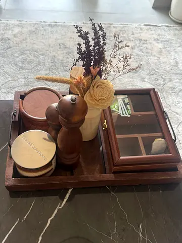 Solid Wood Decorative Vanity Tray with Small Glass-Front Organizer