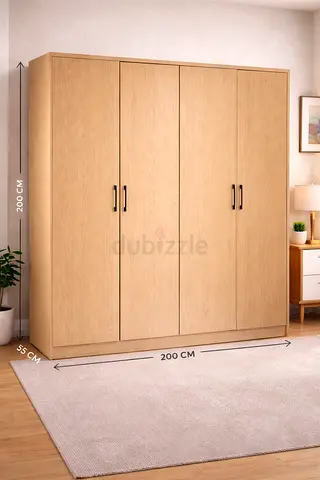 Modern 4 Door Wooden Wardrobe - Oak Storage Cabinet with Shelves  Drawers For Dubai Homes