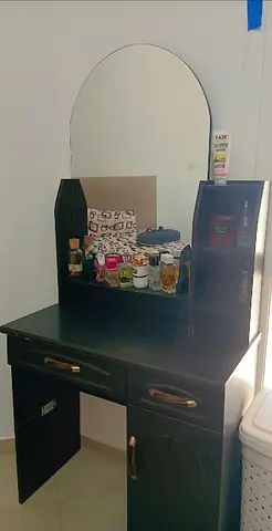 Dark Wooden Dressing Table with Mirror and Storage