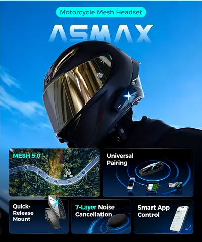 ASMAX Motorcycle Bluetooth Mesh Helmet Headset - Mesh 5.0, Noise Cancellation