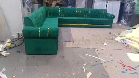 Large Green Velvet L-shaped Sectional Sofa with Gold Trim