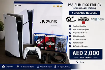 PS5 Slim Disc Edition (International) with 3 Games — Excellent Condition