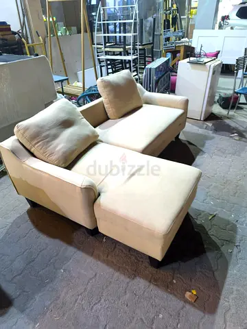 Used cream fabric L-shaped sofa bed chaise lounge sofa - 2-seater with cushions