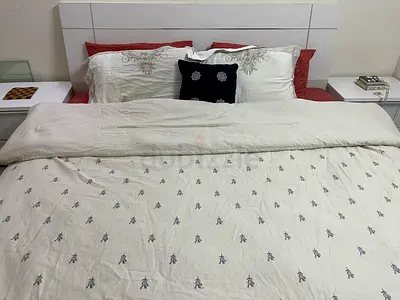 Queen size bed frame with medicated mattress and bedding set - white headboard