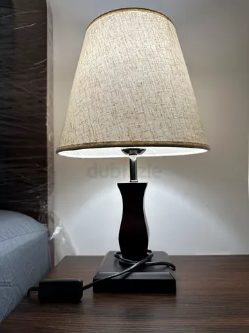 Wooden Base Table Lamp with Beige Fabric Shade - Good Condition
