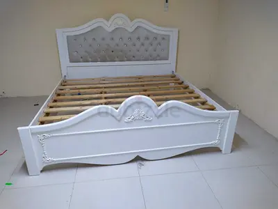 White King Size Ornate Wooden Bed Frame with Upholstered Headboard