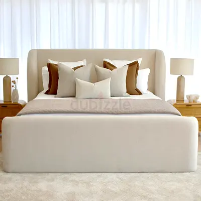 Modern Upholstered Bed Frame with Winged Headboard