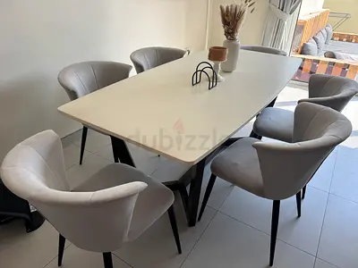 6-Seater Modern Dining Table with Upholstered Chairs - Light Grey