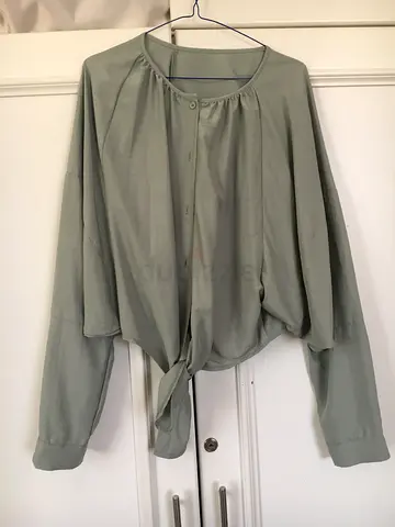 Light sage green long sleeve blouse with front tie, size l