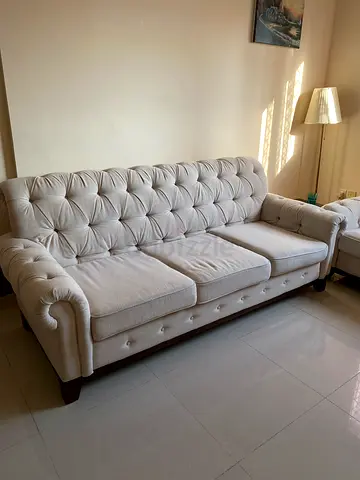 Light Beige Tufted 3-Seater Sofa — Good Condition