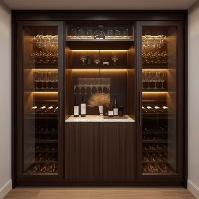 Built-in Wooden Wine Cabinet with Glass Doors and LED Shelving