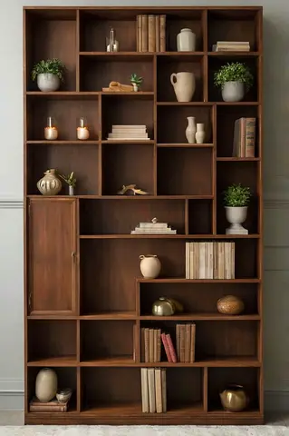 Solid Wood Large Bookcase with Multiple Shelves and Cabinet