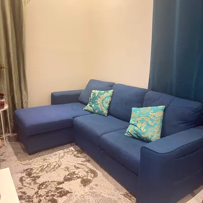 Blue L-shaped Fabric Sofa with Come bed- with storage .Good Condition