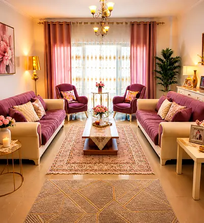 Two Three-seater sofa beds and two armchairs in mauve with cushions - good condition