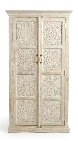 Carved Solid Wood Wardrobe / Armoire - Whitewashed Finish