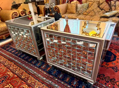 Pair of Mirrored Square Side Tables / End Tables - Silver Finish