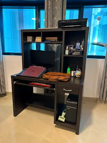 Dark Wood Computer Desk with Hutch and Drawers - Good Condition