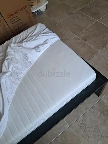 Queen bed frame with mattress (black frame) - good condition