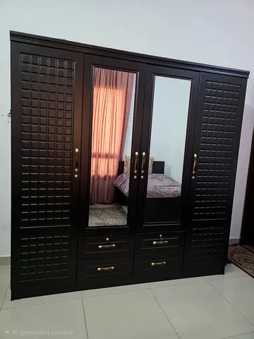 Modern 4-Door Dark Brown Wardrobe with Mirrors and Drawers