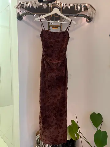 Bershka Red Brown Velvet Floral Print MIDI Dress with Spaghetti Straps