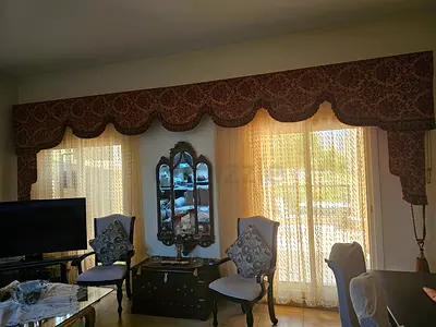 Custom scalloped pelmet and lace curtains set - classic style