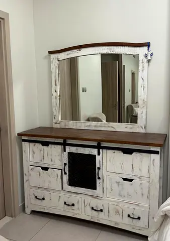 White Distressed Wooden Dresser with Mirror - Rustic Style
