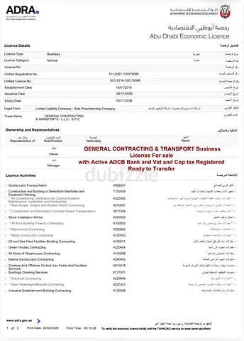 General Contracting  Transport Business License  with Active ADCB Account - For Sale