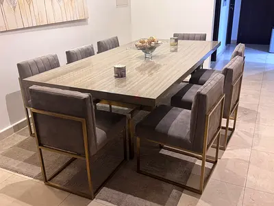 Modern 8 Seater Dining Set with Grey Velvet Chairs