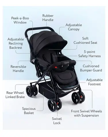 Lightweight black baby stroller with 5 point safety harness and reclining seat