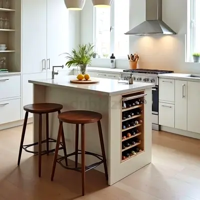IKEA-style kitchen island with built-in wine rack and seating