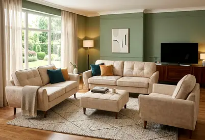 Beige Fabric 3-Piece Sofa Set with Ottoman - Good Condition