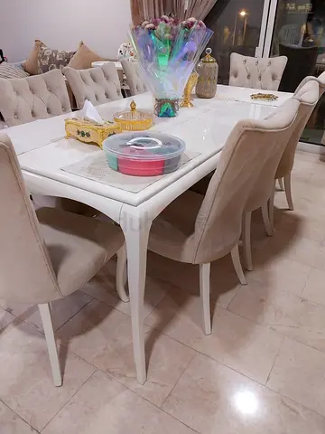 White Marble-Top Dining Table with 6 Beige Upholstered Chairs