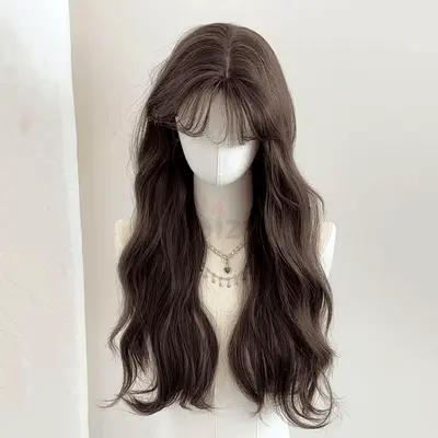 Long Brown Wavy Wig with Curtain Bangs - Natural Look