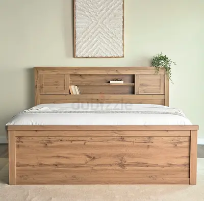 Wooden Queen Bed Frame with Storage Headboard – Light Oak Finish