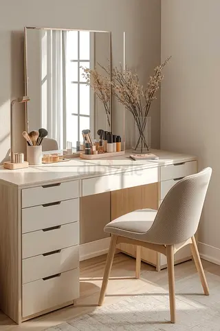 Modern Wooden Dressing Table with Mirror and Chair