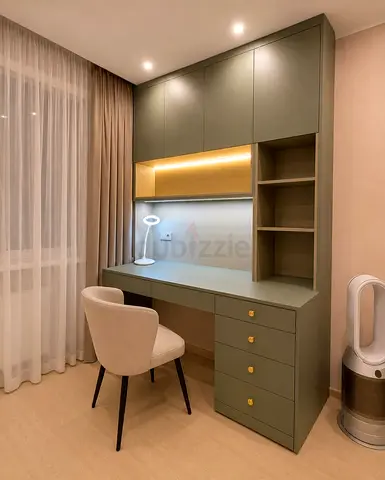 Built-in Olive Green Study Desk with Overhead Cabinets and Shelves