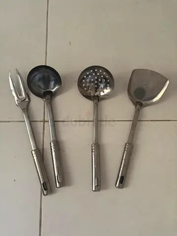 Set of 4 Stainless Steel Kitchen Utensils (Spatula, Skimmer, Ladle, Fork)
