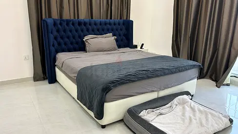 Home Centre Navy Blue Tufted Headboard Bed Frame with mattress