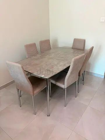 6-Seater Modern Dining Table with Upholstered Chairs - Light Beige