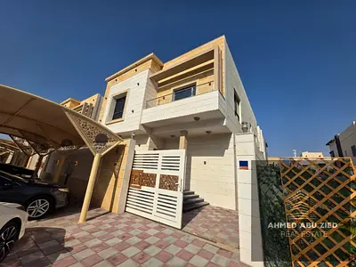 For rent in Al Yasmin, a villa with 5 master bedrooms, 2 living rooms, a majlis, a kitchen, a maid's room, and a yard. Brand new, first occupancy.