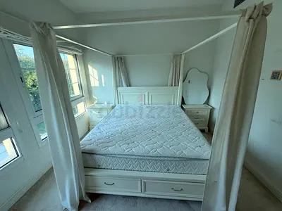 White Four-Poster Queen Bed with Drawers and Mattress
