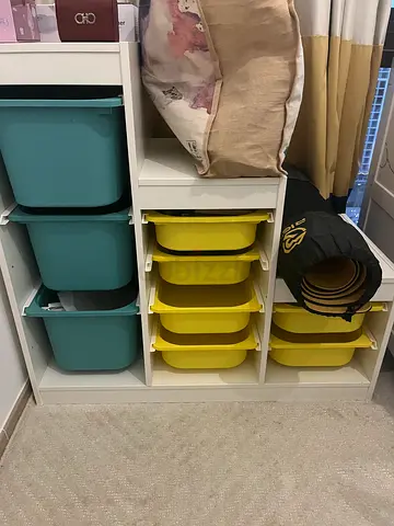 IKEA Kallax-style Storage Unit with Colorful Bins - Good Condition