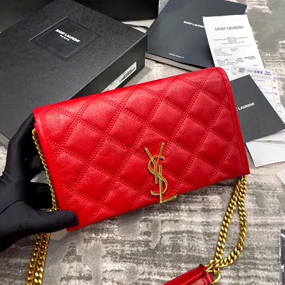 Saint Laurent Becky Chain Wallet In Red Lambskin