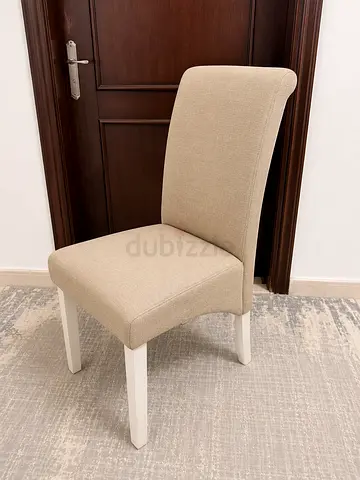 Set of 6 Beige Fabric Dining Chairs with White Wooden Legs – Clean and Good Condition