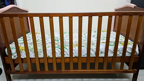Babyhug Height adjustable Merlino Wooden Cot with Mattress in good used condition