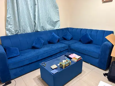 Blue L-shaped Velvet Corner Sofa - Good Condition