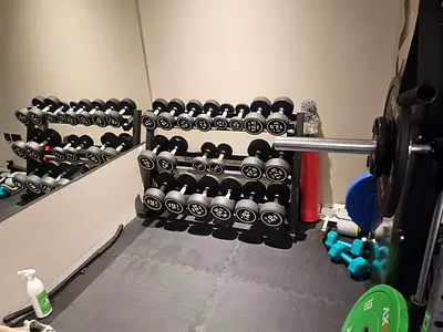 Home dumbbell set with rack and barbell — good condition
