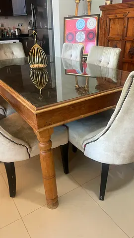Solid Wood Dining Table with Glass Top - Seats 6