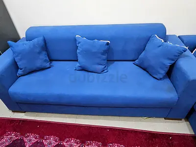 Blue 3-Seater Fabric Sofa with Cushions - Good Condition