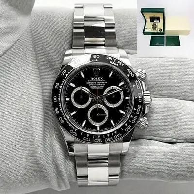Master copy of Rolex Cosmograph Daytona Oystersteel Black Dial Chronograph Watch with Box